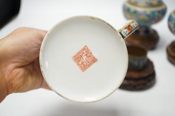 A pair of Chinese cloisonné enamel vases and napkin rings etc, tallest 22cm
